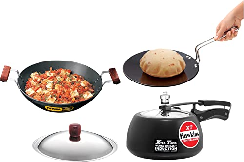 Hawkins Black XT Hard Anodised & Pressure Cooker, 2 Litre, Black (CXT20)&Hawkins Futura 26 cm Roti Tava, Black (IART26)&Hawkins Fry Pan with Lid, Capacity 2.5 Litre, 26 cm, 4.06 mm, Black (AD25S)