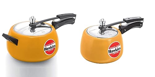 Hawkins Ceramic- Coated Aluminium Inner Lid Handi/Contura Pressure Cooker, 3 Litre And 5 Litre, Combo Set (Mustard Yellow)