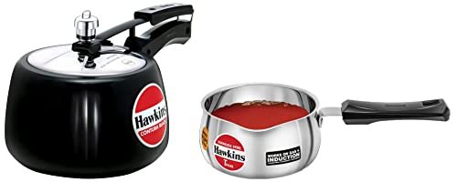 Hawkins Contura Black Pressure Cooker, 3 Litre, Black (CB30) & Stainless Steel Induction Compatible Tpan (Saucepan), Capacity 1 Litre, Thickness 4.7 mm, Silver (SST10)