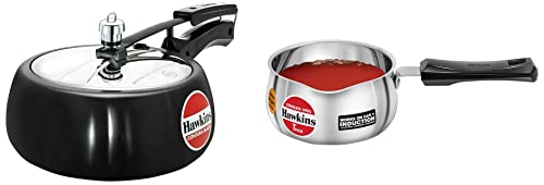 Hawkins Contura Black Pressure Cooker, 3.5 Litre, Black (CB35) & Stainless Steel Induction Compatible Tpan (Saucepan), Capacity 1 Litre, Thickness 4.7 mm, Silver (SST10)
