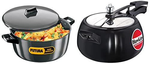 Hawkins Contura Black Pressure Cooker, 5 Litre, Black (CB50) & Futura Hard Anodised Aluminum Cook-n-Serve Bowl with Hard Anodised Lid, Capacity 6 Litre, Diameter 27 cm, Thickness 4.06 mm, Black