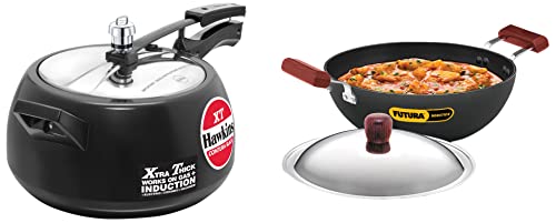 Hawkins Contura Black XT Induction Compatible Aluminium Inner Lid Pressure Cooker, 5 Litre & INK35S Aluminium Nonstick Induction Flat Bottom Kadhai with Stainless Steel Lid (3.5 L)