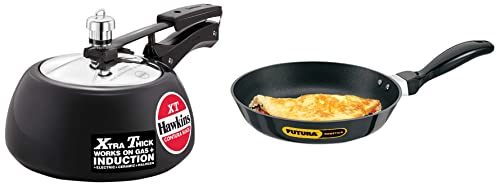 Hawkins Contura Black XT Induction Compatible Hard Anodised & Stainless Steel Inner Lid Pressure Cooker, 2 Litre & Nonstick 3.25 mm Frying Pan (1 litre, 22 cm)