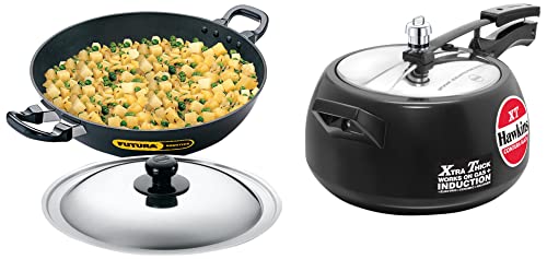 Hawkins Contura Black XT Induction Compatible Pressure Cooker, 5 Litre, Black & Futura Nonstick Deep-Fry Pan with Stainless Steel Lid, Capacity 4 Litre, Diameter 30 cm, Thickness 3.25 mm, Black