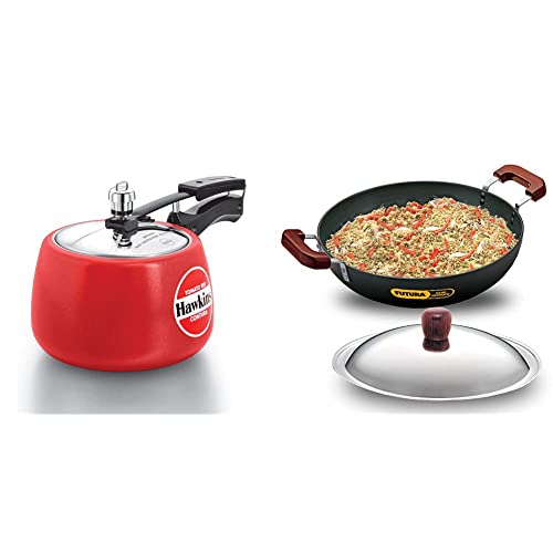 Hawkins Contura Ceramic Coated Pressure Cooker, 3 Litres, Tomato Red & Hawkins - L72 Futura Hard Anodised Flat Bottom Deep-Fry Pan With Steel Lid, 7.5 L/36Cm