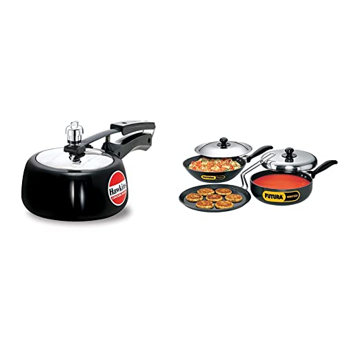 Hawkins Contura Hard Anodised Aluminium Pressure Cooker, 1.5 Liters, Black & Hawkins Futura Nonstick Cookware Set 3, Qs4 (Contains 3 Products And 2 Ss Lids)