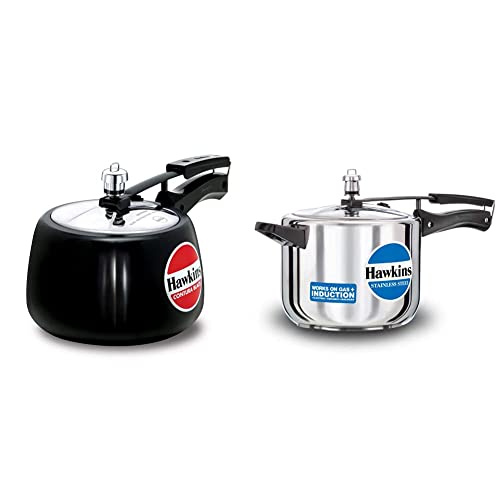 Hawkins Contura Hard Anodised Aluminium Pressure Cooker, 3 Litres, Black & Hawkins - B30 Stainless Steel Pressure Cooker, 5 Litres, Silver