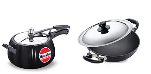 Hawkins Contura Hard Anodised Aluminium Pressure Cooker and Futura Non-Stick Round Bottom Deep-Fry Kadai with Steel Lid (5 Lts and 4 Lts / 30 CM)