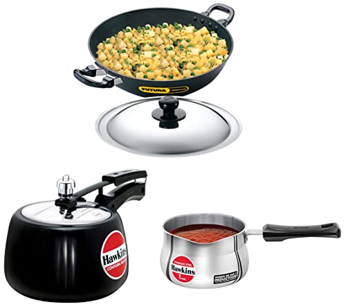 Hawkins Contura Hard Anodised Aluminium Pressure Cooker,3 Litres,Black&Futura Deep-Fry Pan Black(Nk40S)&Induction Compatible Tpan(Saucepan),Capacity 1.5 Litre,Thickness 4.7 Mm,Silver,3 Liter