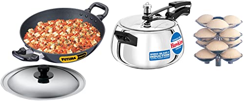 Hawkins Contura Induction Compatible Pressure Cooker, 3ltr &Hawkins Idli Stand - 12 Mini Idlis, (For 3ltr),&Hawkins Futura 2.5ltr Deep Fry Pan, Non Stick Kadai with Lid, Round Bottom Kadhai (NK25S)