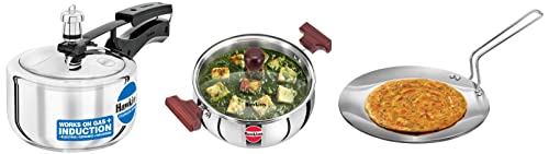 Hawkins Cook n Serve Handi with Glass Lid, 3 Litre, 22 cm, 3 mm, Silver (SSH30G)&Hawkins 1.5 Litre Pressure Cooker, Silver (HSS15) - Inner Lid&Hawkins Tri-Ply Tava, 26 cm, 3.5 mm, Silver (SSTV26)
