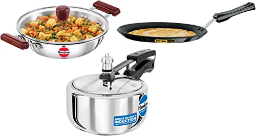 Hawkins Fry Pan with Glass Lid, 2.5 Litre, 26 cm, 3 mm, Silver (SSD25G) 1.5 Litre Pressure Cooker, Silver (HSS15) - Inner Lid&Hawkins Plastic Handle 4.88 mm Thickness Tava (26 cm, Black)