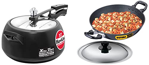 Hawkins Futura 2.5 Litre Deep Fry Pan, Non Stick Kadai with Stainless Steel Lid, Round Bottom Kadhai, Black (NK25S) & Contura Black XT Induction Compatible Pressure Cooker, 5 Litre, Black (CXT50)