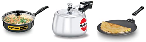 Hawkins Futura 3.25ltr Curry Pan, Non Stick Saute Pan with Glass Lid, Deep Pan for Frying &Hawkins Contura Pressure Cooker, 3ltr Futura Nonstick Dosa Tava, Diameter 30 cm, Thickness 4.88 mm