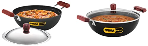 Hawkins Futura 5 Litre Deep Kadhai with Glass Lid, Induction Kadai, Deep Fry Pan & INK35S Aluminium Nonstick Induction Flat Bottom Kadhai with Stainless Steel Lid (3.5 L)