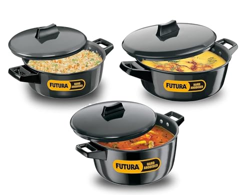 Hawkins Futura Hard Anodised Aluminum Cook-N-Serve Bowl with Hard Anodised Lid,-3 Pcs Set, Black (2,3 and 5 Litre)