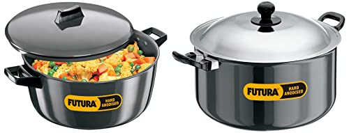 Hawkins Futura Hard Anodised Cook-n-Serve Bowl, 6 litres, Black & Futura Hard Anodised Stewpot with Lid, 8.5 litres Combo