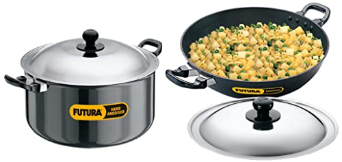 Hawkins Futura Hard Anodised Cook-n-Serve Stewpot with Hard Anodised Lid, 8.5 Litre, 28 cm, 4.06 mm (AST85) & Nonstick Deep-Fry Pan with Stainless Steel Lid, 4 Litre, 30 cm, 3.25 mm
