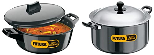 Hawkins Futura Hard Anodised Induction with Hard Anodised Lid, 3 L, Black & Futura Hard Anodised Cook-n-Serve Stewpot with Hard Anodised Lid, Capacity 8.5 L, Diameter 28 cm, Thickness 4.06 mm