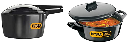Hawkins Futura Hard Anodised Pressure Cooker, 3 Litre, Black (Fp30) & Futura Hard Anodised Induction Compatible Cook-N-Serve Bowl With Hard Anodised Lid, 3 Litre, Black (Iacb30), 3 Liter