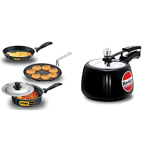 Hawkins Futura Non-Stick Cookware Set, 4 Pieces (QS1) and Contura Hard Anodised Aluminium Pressure Cooker, 3 litres, Black