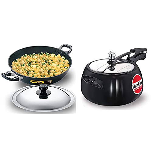 Hawkins Futura Nonstick Deep-Fry Pan (Kadhai, Round Bottom) with Stainless Steel Lid, Capacity 4 Litre, Diameter 30 cm, Thickness 3.25 mm, Black (NK40S) Contura Black Pressure Cooker, 5 Litre