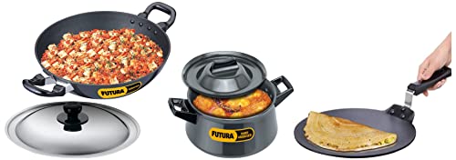 Hawkins Futura Nonstick Dosa Tava, 33 cm, 4.88 mm &Hawkins Futura 2.5ltr Deep Fry Pan, Non Stick Kadai with Lid, Round Bottom Kadhai (NK25S) Futura Hard Anodised Handi Saucepan, 3ltr