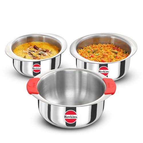 Hawkins Kitchen Gift Pack 2023 (23SGP) 3 Pieces Set of 1.5 Litre, 2 Litre and 2.5 Litre Triply Stainless Steel Patila, Tope, Bhagona, Tapeli, Saucepans