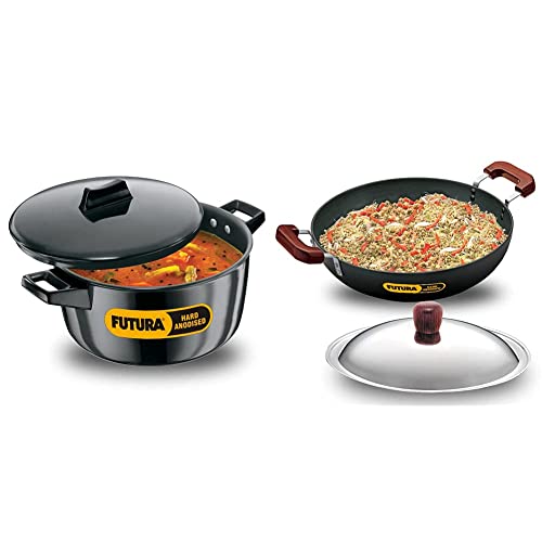 Hawkins - L64 Futura Hard Anodised Cook-N-Serve Bowl, 4 litres, Black & Hawkins - L72 Futura Hard Anodised Flat Bottom Deep-Fry Pan with Steel Lid, 7.5 L/36Cm