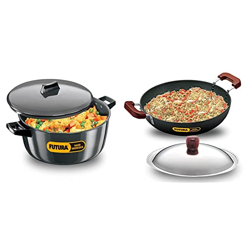 Hawkins - L66 Futura Hard Anodised Cook-N-Serve Bowl, 6 litres, Black & Hawkins - L72 Futura Hard Anodised Flat Bottom Deep-Fry Pan with Steel Lid, 7.5 L/36Cm