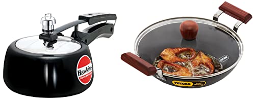 Hawkins Pressure Cooker, 1.5 Liters, Black & Aluminium Futura Dosa Tava, Diameter 30 cm, Thickness 4.88 mm (Black) & Round Bottom 3.25 mm Thickness Kadhai (Capacity 2.5 litre, Diameter 25 cm, Black)