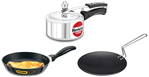 Hawkins Pressure Cooker, 1.5 Litre, Silver (CL15)&Hawkins Futura Nonstick 3.25 mm Frying Pan (1 litre, 22 cm, Black)&Hawkins Tava, Diameter 26 cm, Thickness 4.88 mm (Black) AT26