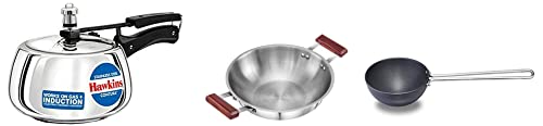 Hawkins Pressure Cooker, 3 Litre, Silver & Hawkins Tri-Ply Deep-Fry Pan,Silver & Atp1 Aluminium Futura Hard Anodised Tadka Pan (Capacity 0.24 L, Diameter 10 Cm, Thickness 3.25 Mm, Black), 3 Liter