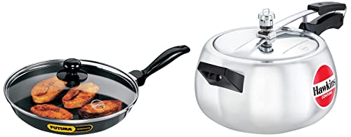 Hawkins Pressure Cooker, 5 Litre, Silver (HC50)&Hawkins TPan with Glass Lid, Capacity 1.5 Li, 4.7 mm, Silver &Hawkins Frying Pan with Glass Lid, 1.5 L Diameter 26 cm, Thickness 3.25 mm, Black