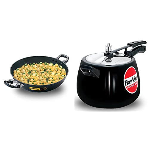 Hawkins - Q56 Futura Non-Stick Kadhai Deep-Fry Pan, 4 Litre, Black & Hawkins Cb65 Hard Anodised Pressure Cooker, 6.5 litres, Contura Black