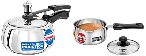 Hawkins Stainless Steel Contura Induction Compatible Inner Lid Pressure Cooker, 1.5 Litre & Stainless Steel Induction Compatible TPan with Glass Lid, 1 Litre, 0.9 mm