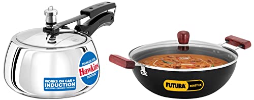 Hawkins Stainless Steel Contura Induction Compatible Pressure Cooker, 3 Litre & 5 Litre Deep Kadhai with Glass Lid, Induction Kadai, Deep Fry Pan
