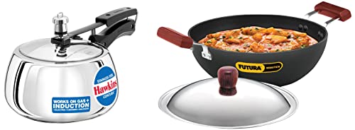 Hawkins Stainless Steel Contura Induction Compatible Pressure Cooker,3 Litre,Silver(Ssc30)&Futura Ink35S Aluminium Nonstick Induction Flat Bottom Kadhai With Stainless Steel Lid(3.5 L,Black),3 Liter