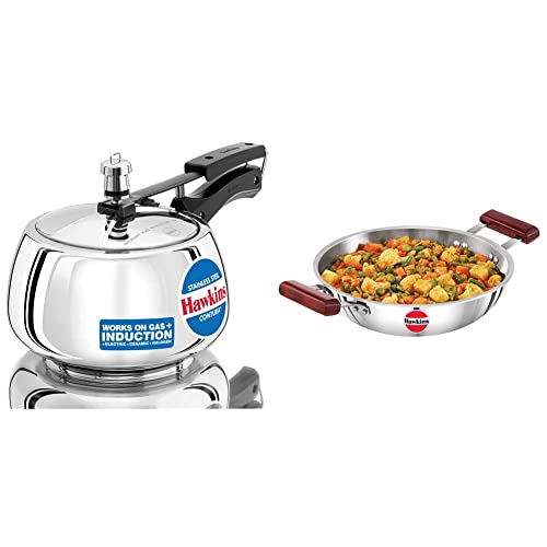 Hawkins Stainless Steel Contura Pressure Cooker 3 Litres and Tri-ply Stainless Steel Deep-Fry Pan 2.5 Litre