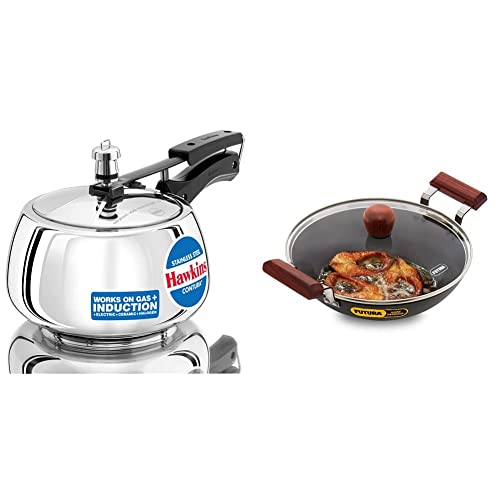 Hawkins Stainless Steel Contura Pressure Cooker 3 litres and Futura Hard Anodised Aluminium Deep Fry Pan(Fish-Fry Kadhai), 2.5 litres, Black (AFFK25G)