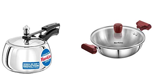 Hawkins Stainless Steel Contura Pressure Cooker And Tri-Ply Stainless Steel Deep-Fry Pan (Kadhai), Combo (3 Lts + 1.5 Lts / 22 Cm With Lid), 3 Liter