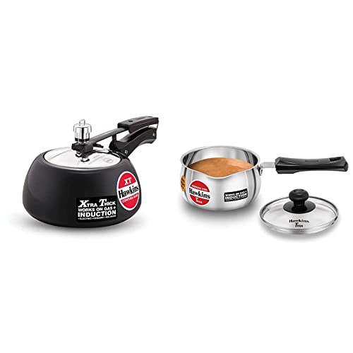 Hawkins Stainless Steel Induction Compatible TPan (Saucepan) with Glass Lid, Capacity 1 Litre, Thickness 0.9 mm, Silver & Contura Black XT Induction Compatible Pressure Cooker, 2 Litre, Black