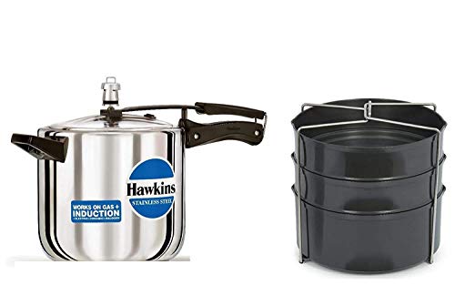 Hawkins Stainless Steel Inner Lid Pressure Cooker, 6 L (Silver) With 3 Dish Set/Separator, 6 Liter