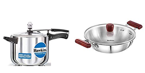 Hawkins Stainless Steel Tall Pressure Cooker, 3 litres and Triply 3 mm Stainless Steel Deep Fry Pan/Kadhai 2.5 LTR with Lid, Set of 2