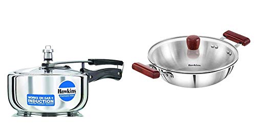 Hawkins Stainless Steel Wide Pressure Cooker, 3 litres and Triply 3 mm Stainless Steel Deep Fry Pan/Kadhai 2.5 LTR with Lid, Set of 2