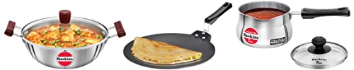 Hawkins Tri-Ply Induction Compatible Deep Kadhai with Glass Lid, 4ltr Futura Nonstick Dosa Tava, 28 cm, 4.88 mm &Hawkins Induction Compatible TPan with Glass Lid, 1.5ltr, 4.7 mm