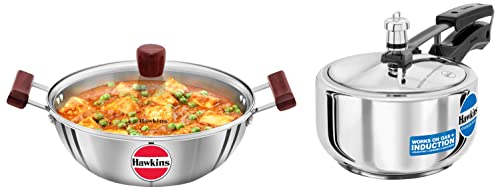 Hawkins Tri-Ply Stainless Steel Induction Compatible Deep Kadhai (Deep-Fry Pan) with Glass Lid, 4 Litre & Stainless Steel Induction Compatible Inner Lid Pressure Cooker, 2 Litre