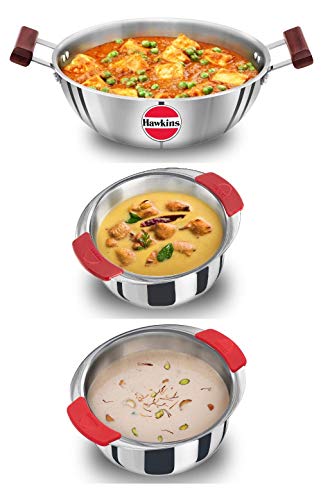 Hawkins Tri-Ply Stainless Steel Kadhai (Deep-Fry Pan) and Patila/Cook-n-Serve Combo (3, 4 L Deep Kadai + 1.5 L and 2.5 L Patila)