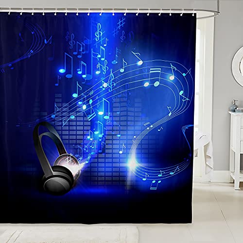 Headphone Music Bathroom Shower Curtain 3D Stereo Music Shower Curtain Liner for AdultRoyal Blue Waterproof Washable Shower Curtain with Hooks 72" Wx84 L