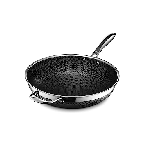 HexClad 12 Inch Hybrid Stainless Steel Wok Pan with Stay-Cool Handle - PFOA Free, Dishwasher and Oven Safe, Non Stick, Works with Induction, Ceramic, Electric, and Gas Cooktops